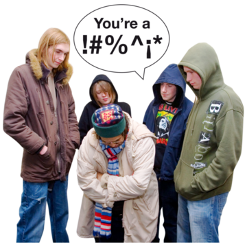 A group of young people swearing and saying nasty things to an old lady who looks scared
