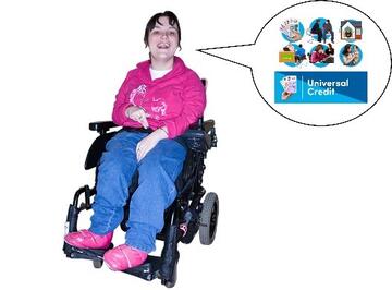 Girl in wheelchair with a speech bubble showing a Universal Credit leaflet