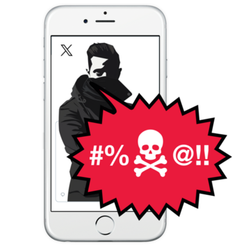 A mobile phone showing a picture of a man in black swearing