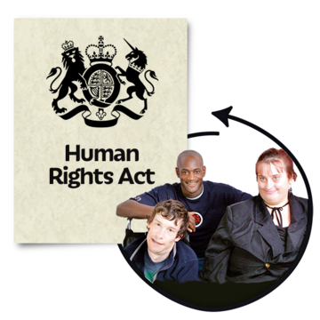 A group of people next to the front cover of a leaflet called 'Human Rights Act'
