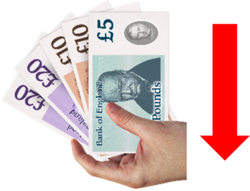 A handful of cash next to a red downward arrow