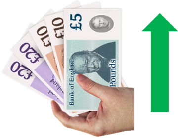 A handful of cash next to a green upward arrow