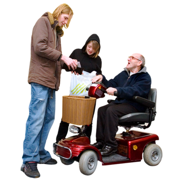 Two people talking to a man in an electric chair looking for money