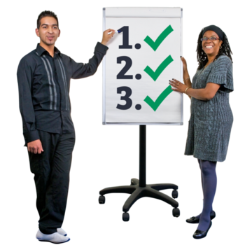 Two people standing either side of a flipchart with 3 points on it with green ticks
