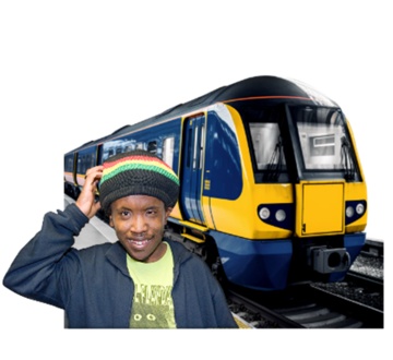 A man is scratching his head next to a train