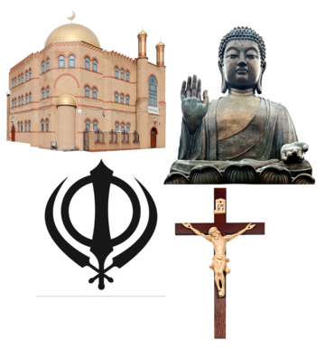 A temple, a Buda statue, a symbol and a crucifix 