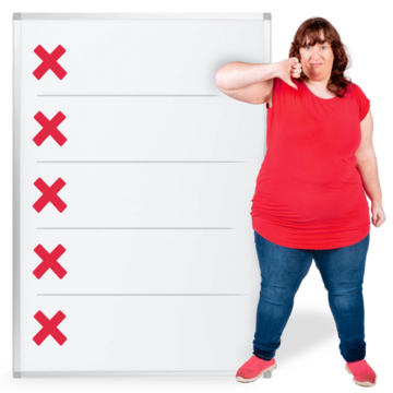 A woman with her thumbs down next to a checklist of red crosses