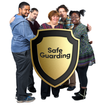 A group of people protecting someone behind a Safe Guarding shield