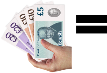 A handful of cash next to a black equals symbol