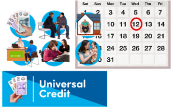 The front cover of a Universal Credit leaflet next to a calendar with a date circled in red pen