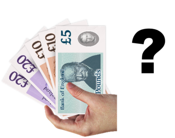 A handful of cash next to a black question mark