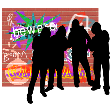 A gang of people beside a wall which has lots of graffiti on it