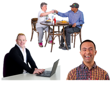 Two people having a drink at a table, a man working at a computer and another man smiling at the camera