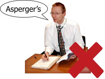 A red cross beside a doctor sitting at a desk saying Asperger's.