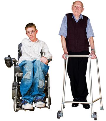 A young boy in a wheelchair and an older man with a walking frame.