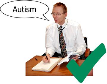 A green tick beside a doctor sitting at a desk saying autism.
