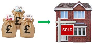 An arrow pointing from some bags of money to a house with a sold sign outside.