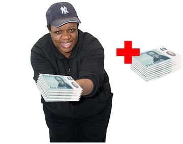 A woman holding out her hands and offering some money and an extra pile of money beside her.