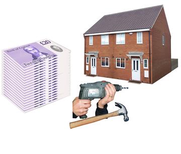 A pile of money next to a house, a drill and a hammer.