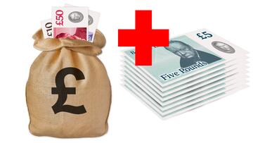 A bag of money with a plus sign and a pile of notes.