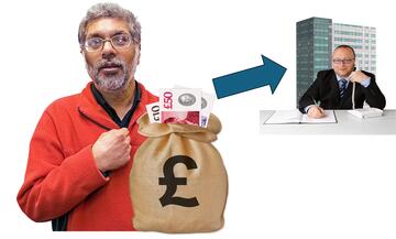 A man with a bag of money and an arrow pointing to a man in an office.