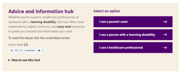 A screenshot of the Advice and information hub which has 3 buttons to find information