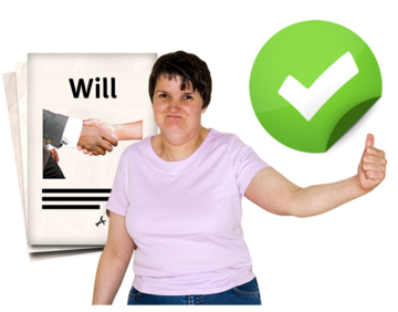 A woman with her thumbs up and a green tick next to a piece of paper that has the title Will
