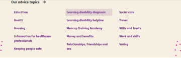 A screenshot of the advice topics area of our advice and support webpage which shows lots of purple links that go to different webpages