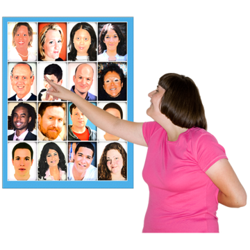 A woman pointing to one person in a poster of lots of different people