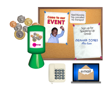 A notice board with an advert poster on it for an event next to a Mencap charity collection tin and a phone and email