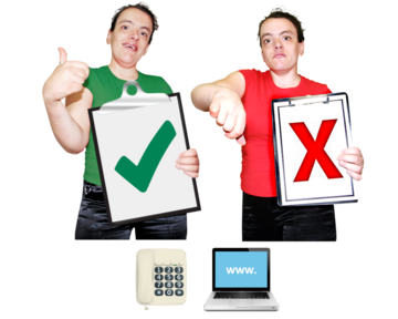 A woman holding up a clipboard with a green tick on it and another picture of the same woman holding up a clipboard with a red cross on it. Underneath these pictures are pictures of a laptop and a phone