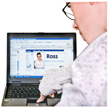 A man looking at a social media profile on a laptop
