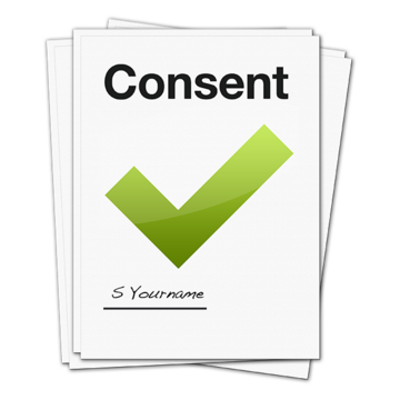 A drawing of a consent leaflet with a big green tick on it