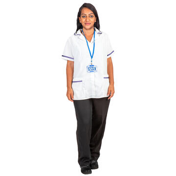 A lady wearing a uniform of a white top and black trousers and a NHS lanyard.