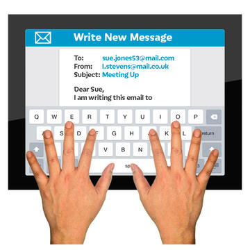 Hands typing on a tablet keyboard.