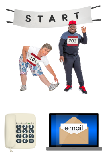 Two people stretching under a start banner. Underneath them is a picture of a phone and an email 