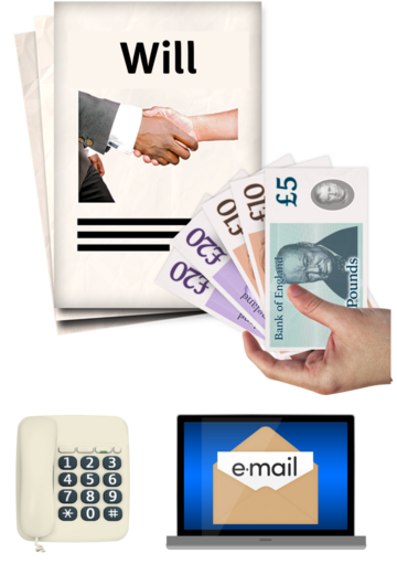 A hand with pound notes and a Will. Underneath is a phone and an email.