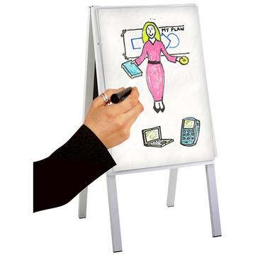 A hand holding a pen and a flipchart with pictures of a woman, a laptop and a mobile on it.