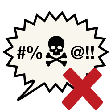 A spiky speech bubble with symbols representing hate speech with a red cross over it