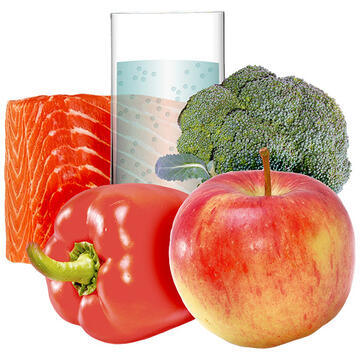 A piece of salmon, a glass of water, broccoli, a red pepper and an apple.