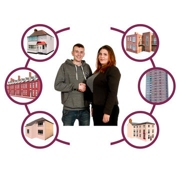 A man and a lady shaking hands.  Around them are pictures of different houses and flats in circles.