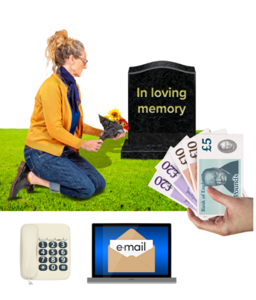 A woman laying flowers at a grave next to a hand with pound notes. Underneath is a phone and an email