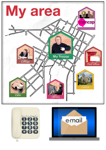 A map of someone's local area showing their house as well as other places including their local Mencap group. Underneath the map is a picture of a phone and email