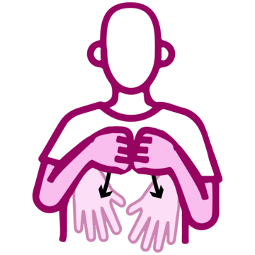 A line drawing of two hands across the chest with arrows moving downwards