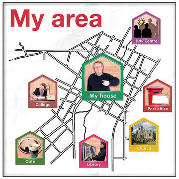 A map called my area which shows different places like a library, college and post office.