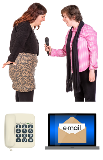 A man with a microphone interviewing a woman. Underneath is a picture of a phone and an email