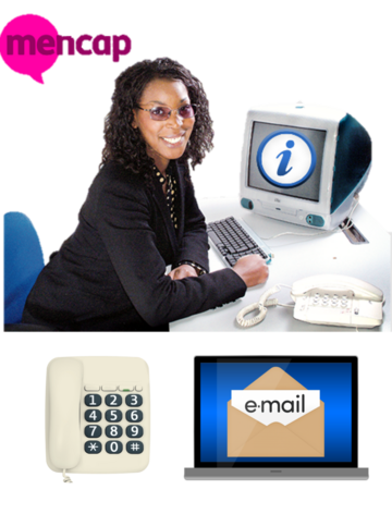 A woman sat at a computer screen and a telephone with the Mencap logo behind her. Underneath that picture is an image of a phone and an email 