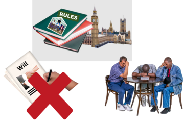 A picture of a Will being signed with a red cross over it. Above that picture is a picture of the houses of parliament and rule books. Next to that picture are 3 people looking sad around a table.