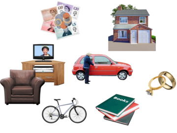 Pictures of; money, a house, a car, furniture, a bike, books and jewellery