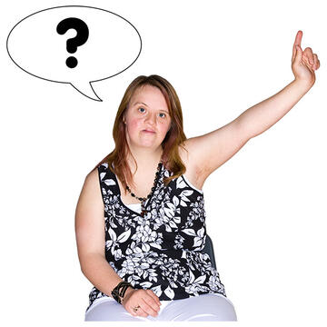 A woman with her hand up and a speech bubble with a question mark in it.